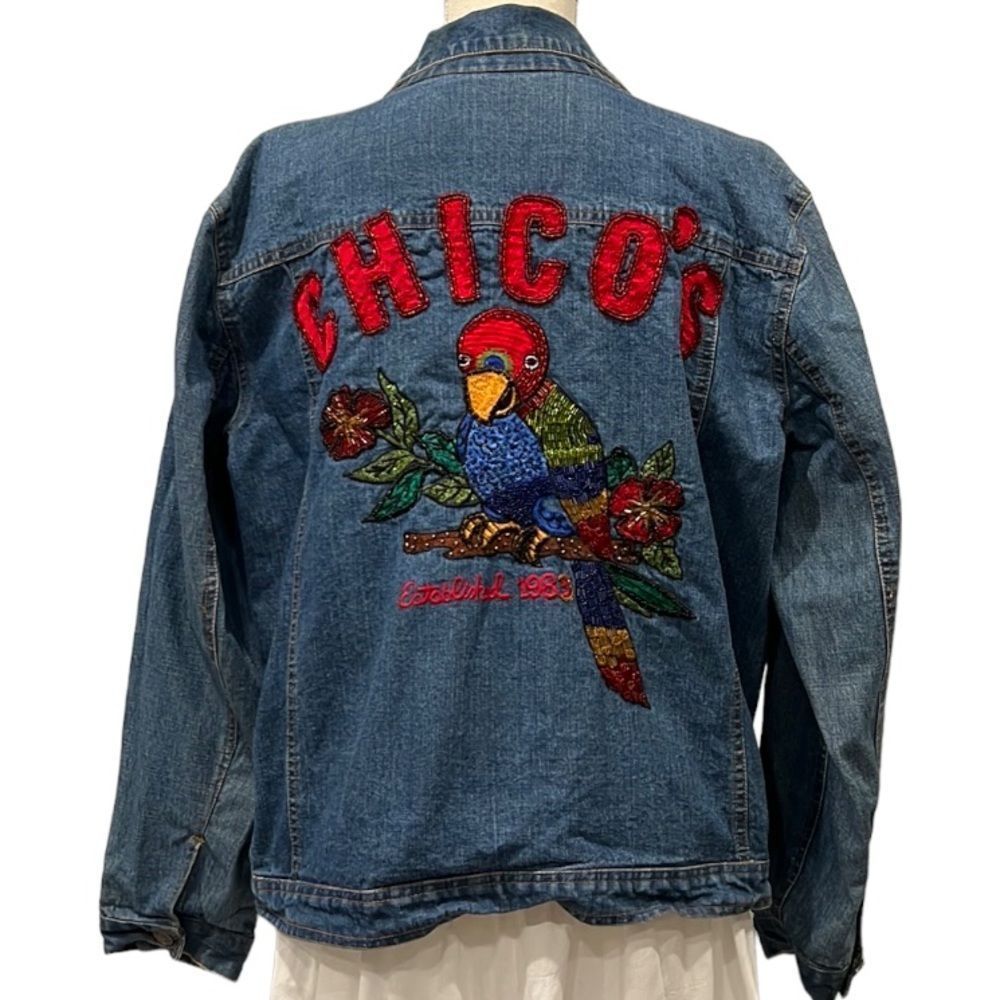 Chico's Blue Denim Jacket with Red Lettering and Multicolor Sequin Parrot